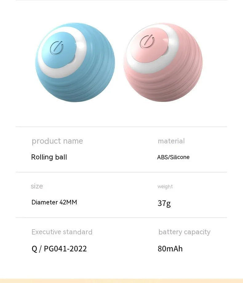 Blue automatic moving cat toy ball with USB charging cable on wooden floor