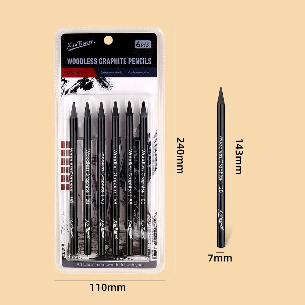 Six graphite sketching pencils with HB, 2B, 4B, 6B, 8B, and EE grades arranged in art set