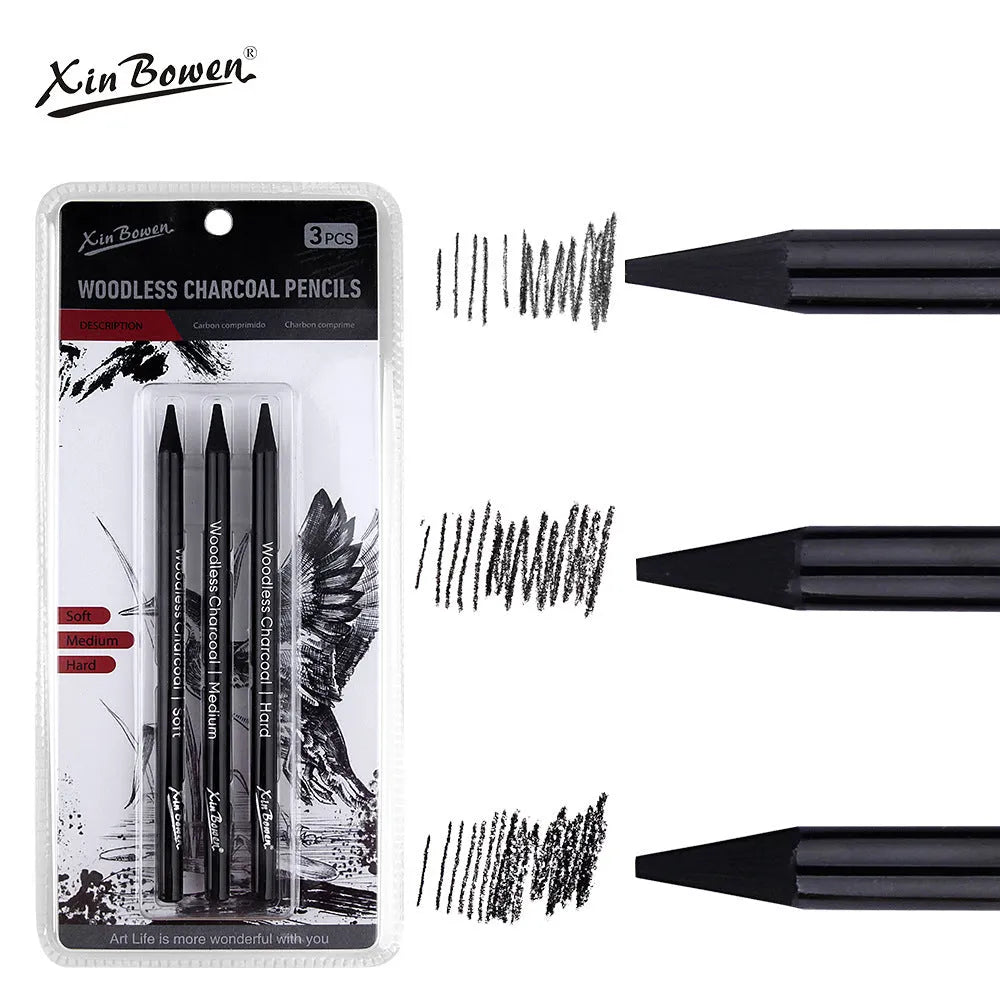 Six graphite sketching pencils with HB, 2B, 4B, 6B, 8B, and EE grades arranged in art set