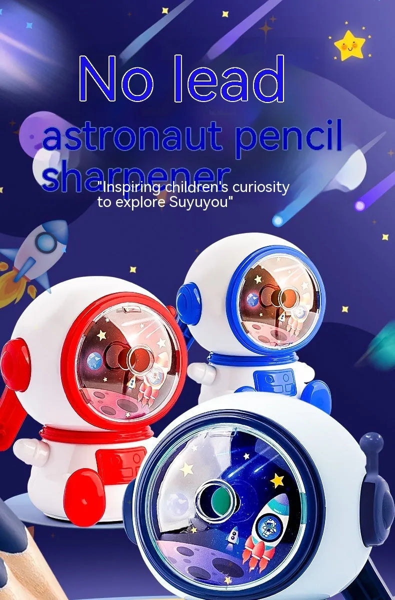 Blue cartoon astronaut manual pencil sharpener for children on a desk