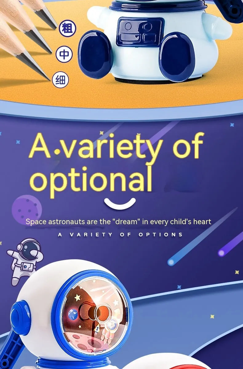 Blue cartoon astronaut manual pencil sharpener for children on a desk