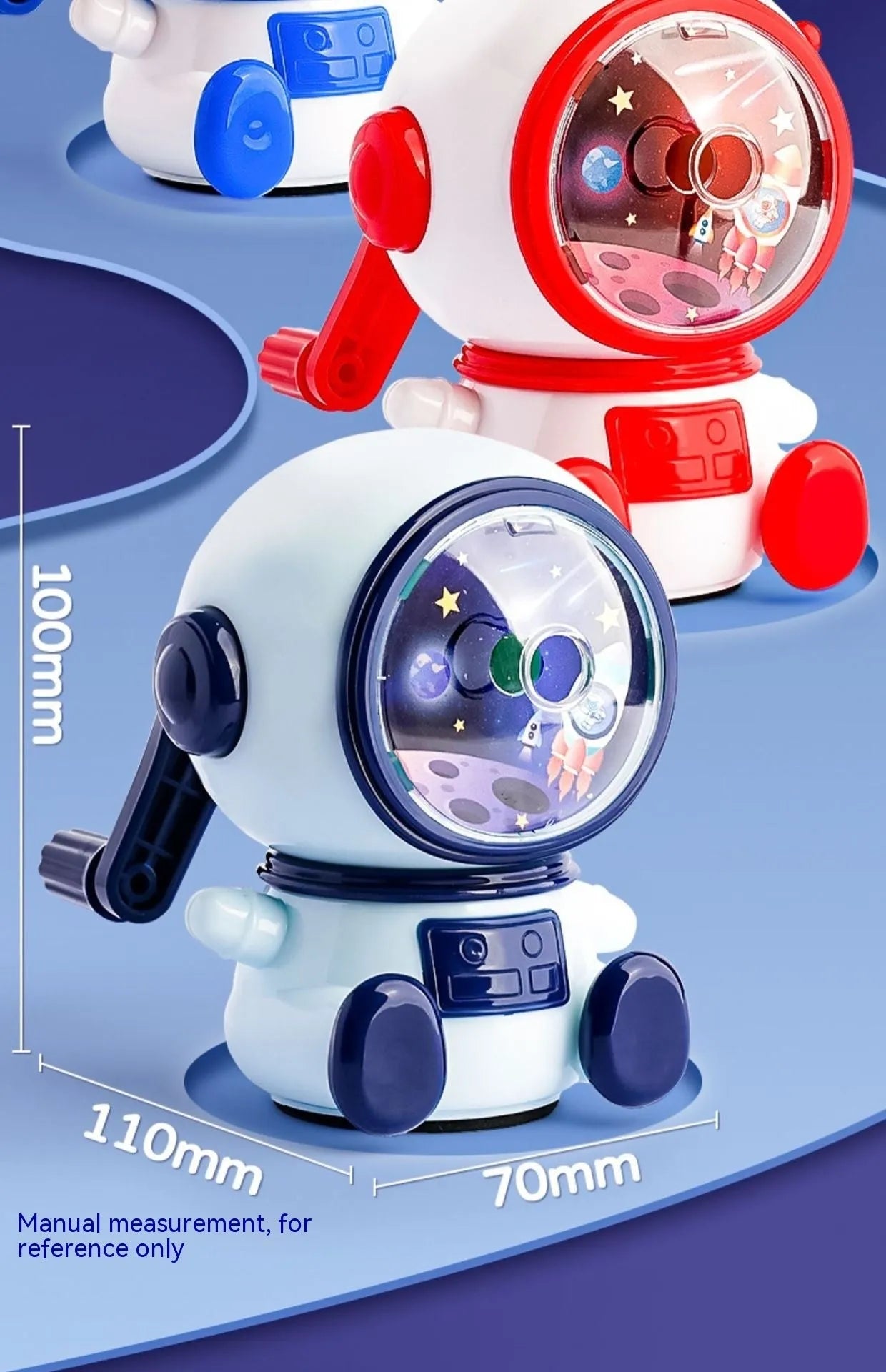 Blue cartoon astronaut manual pencil sharpener for children on a desk