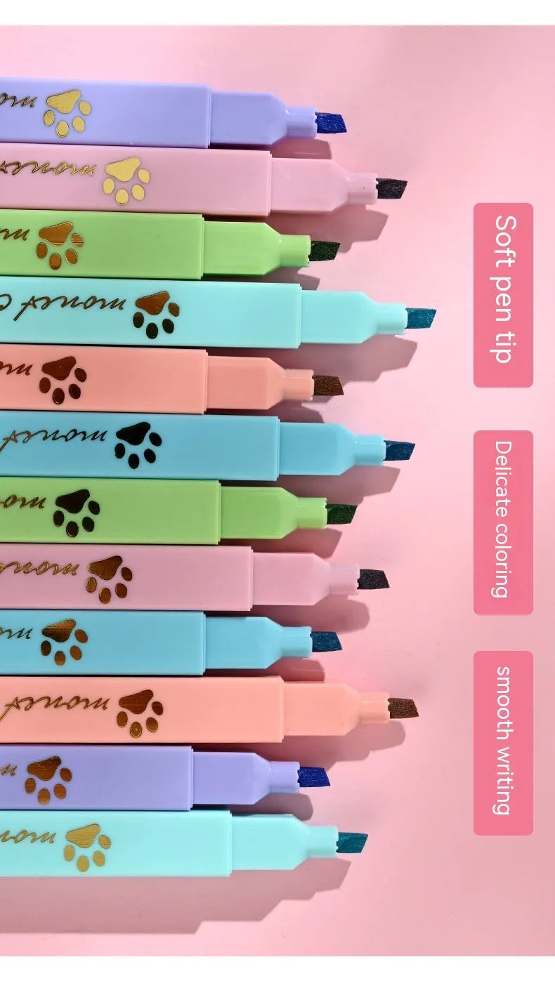 Box of six Cat's Paw fluorescent marking pens with oblique tips in assorted colours.