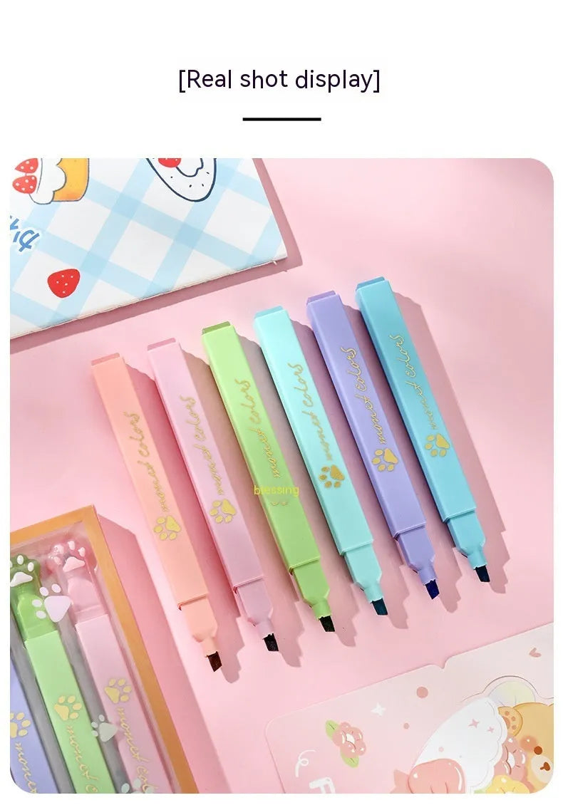 Box of six Cat's Paw fluorescent marking pens with oblique tips in assorted colours.
