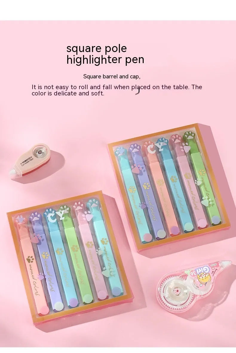 Box of six Cat's Paw fluorescent marking pens with oblique tips in assorted colours.