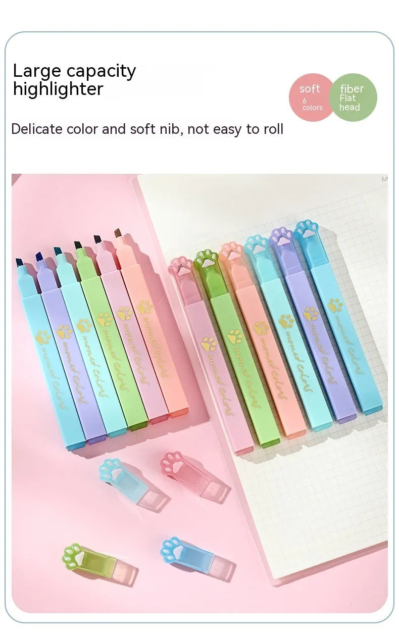 Box of six Cat's Paw fluorescent marking pens with oblique tips in assorted colours.