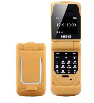 A closed mini flip phone in rose red, showing its compact clamshell design.