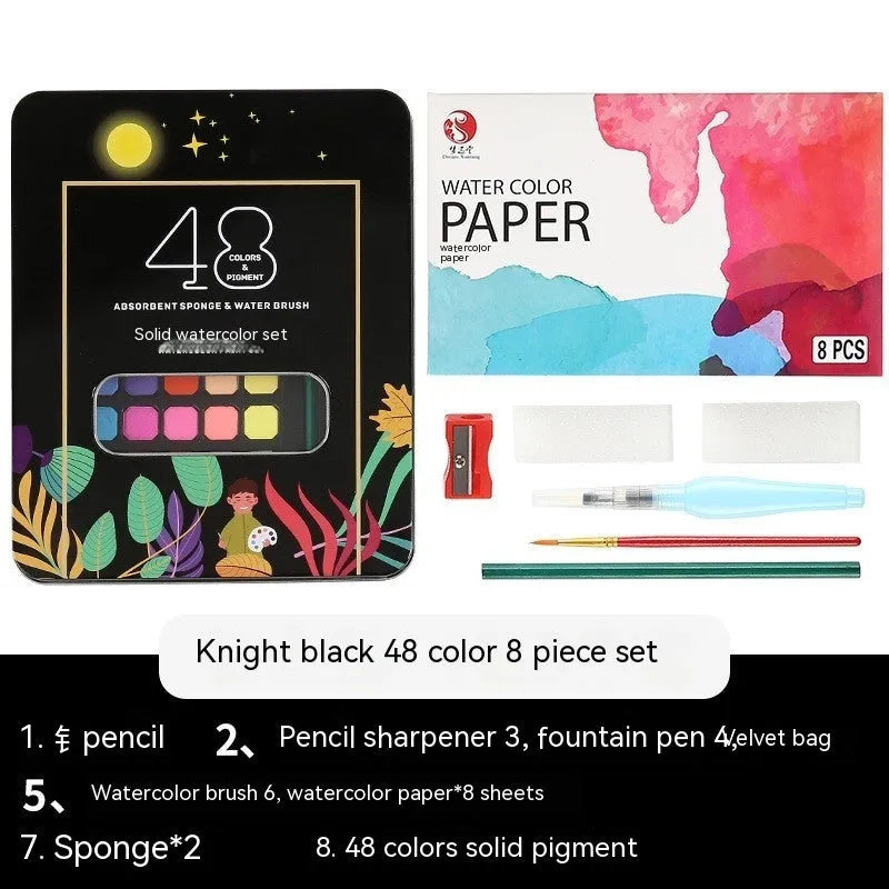 48 colour solid watercolour paint set showing Black Knight, Girl Pink and Sunshine Blue shades