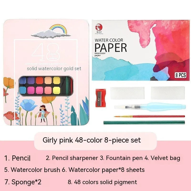 48 colour solid watercolour paint set showing Black Knight, Girl Pink and Sunshine Blue shades