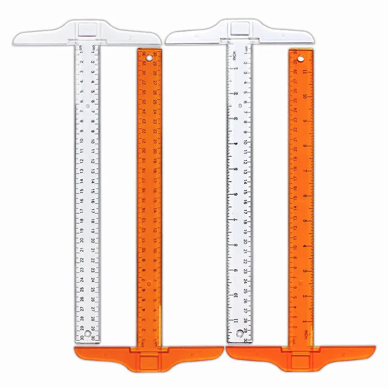 Orange transparent T-shaped plastic ruler with measurement markings on a white background