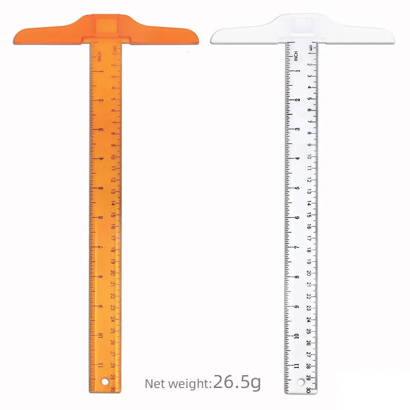 Orange transparent T-shaped plastic ruler with measurement markings on a white background