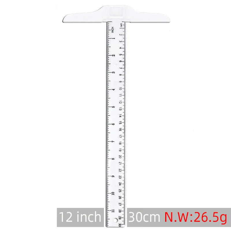 Orange transparent T-shaped plastic ruler with measurement markings on a white background
