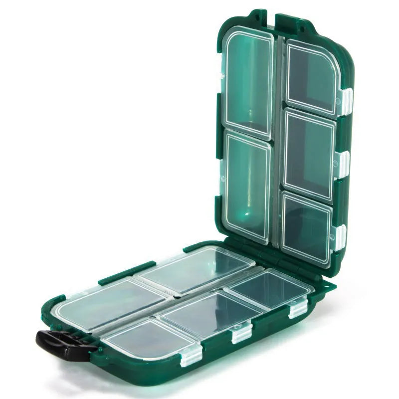 Black plastic fishing tackle storage box with 10 internal compartments, shown next to small fishing hooks.