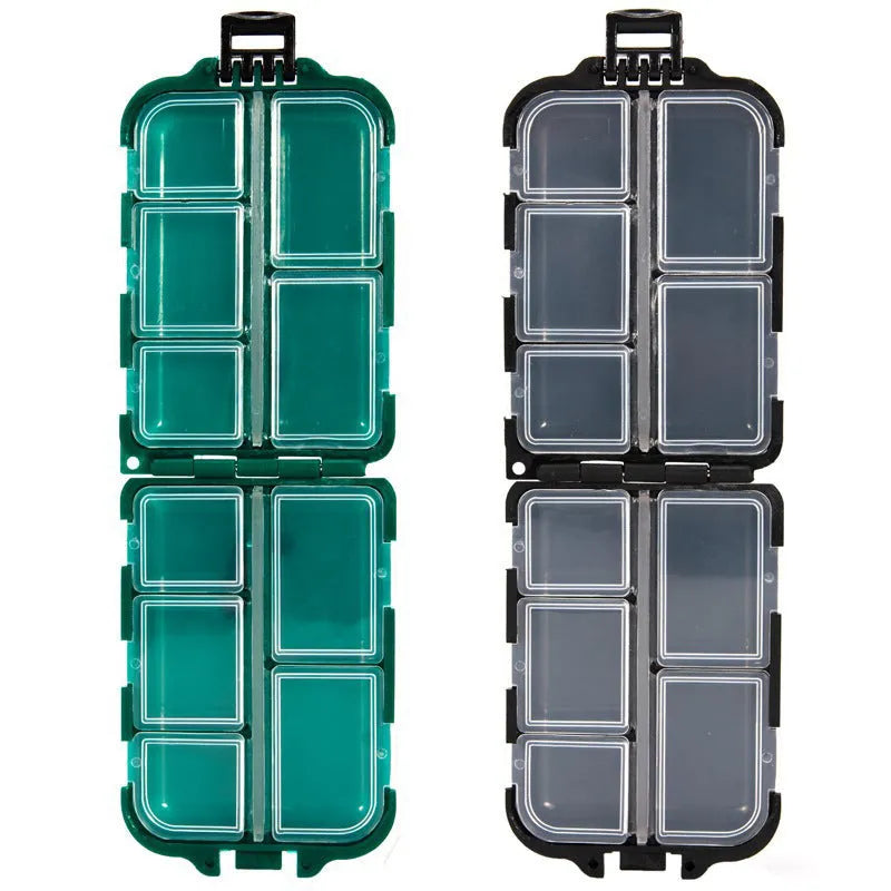Black plastic fishing tackle storage box with 10 internal compartments, shown next to small fishing hooks.