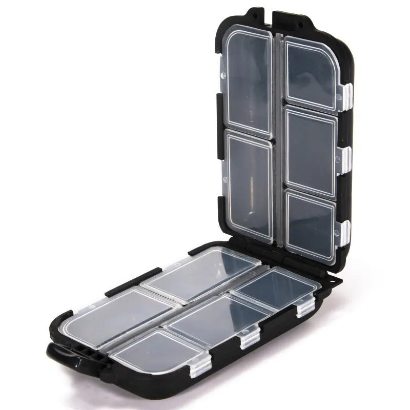 Black plastic fishing tackle storage box with 10 internal compartments, shown next to small fishing hooks.