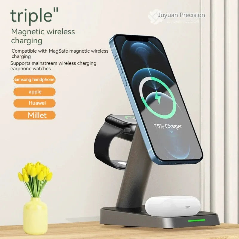 Black cubic wireless charger with vertical phone placement and watch charging area