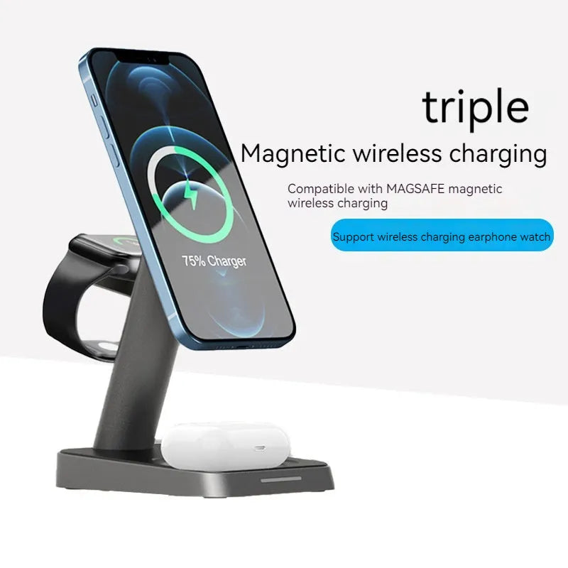Black cubic wireless charger with vertical phone placement and watch charging area