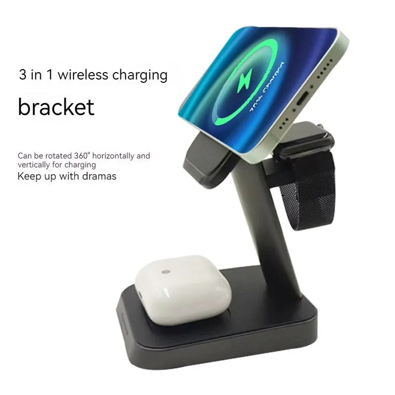 Black cubic wireless charger with vertical phone placement and watch charging area