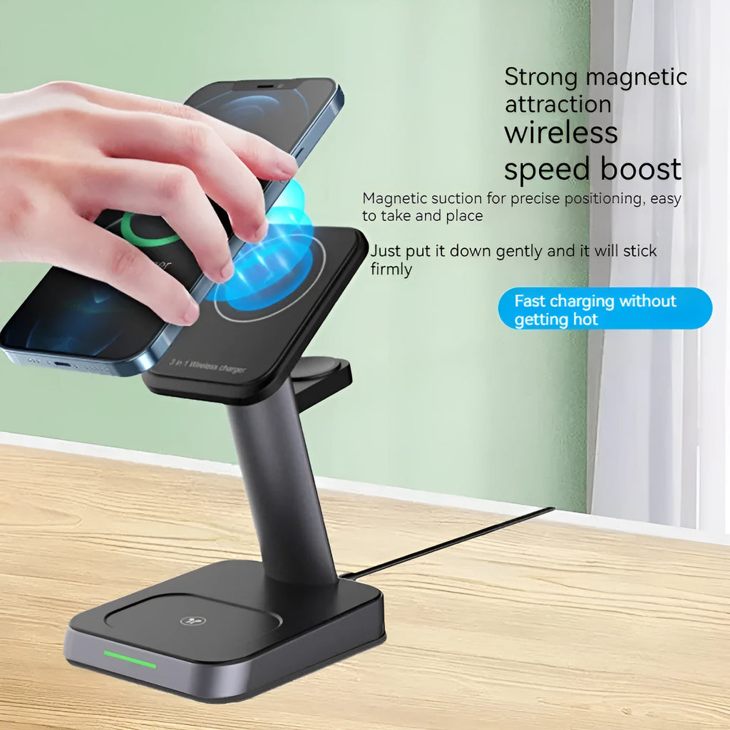 Black cubic wireless charger with vertical phone placement and watch charging area