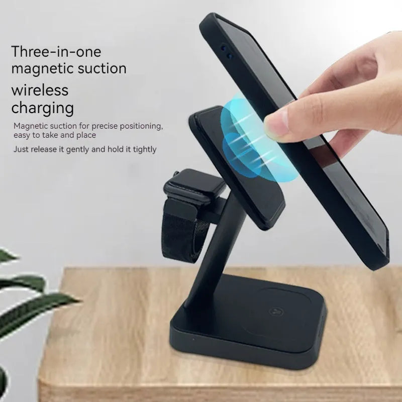 Black cubic wireless charger with vertical phone placement and watch charging area