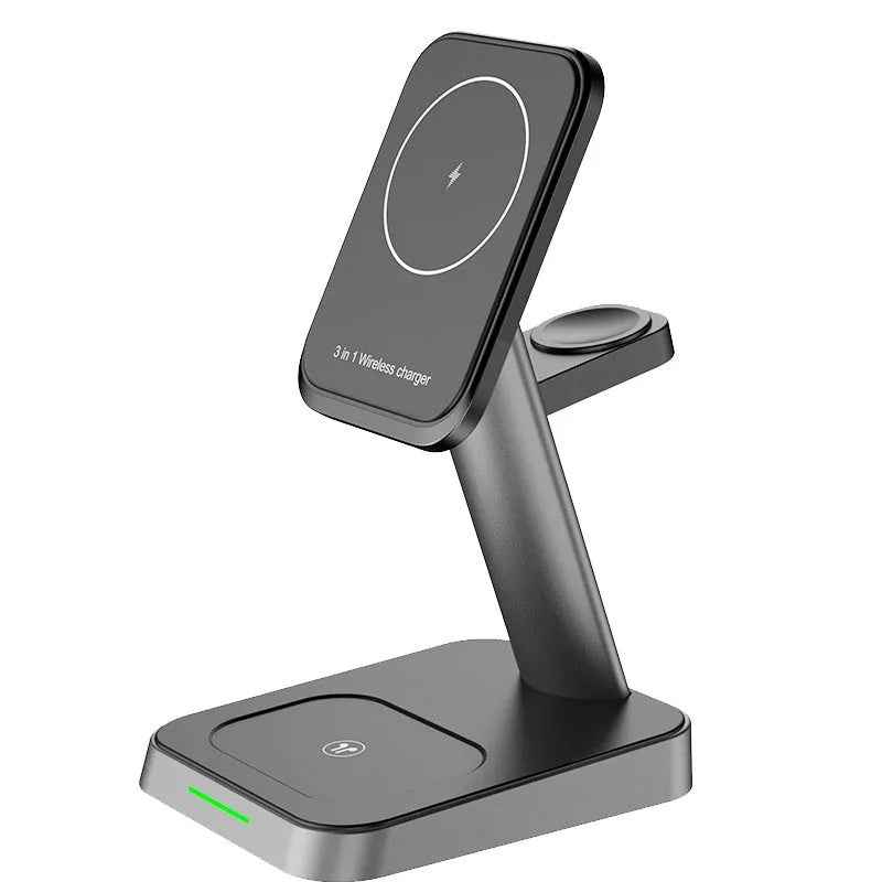 Black cubic wireless charger with vertical phone placement and watch charging area