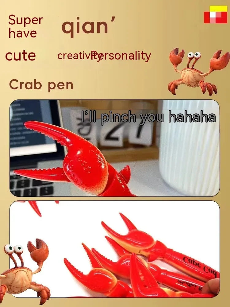 Crab-shaped novelty ballpoint pen with moving claws activated by pressing mechanism