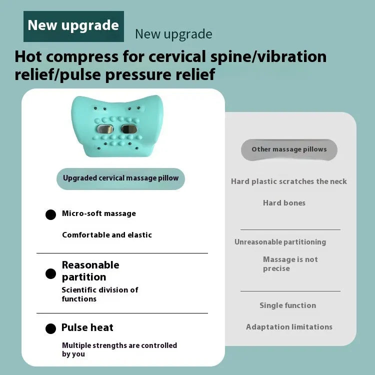Blue-green portable neck and shoulder massage pillow showing compact size and controls for EMS, heat, and vibration functions.