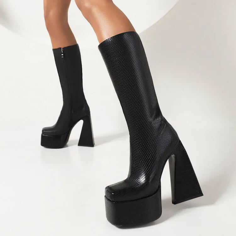 Women's black high boots in artificial PU leather, shown in a casual style
