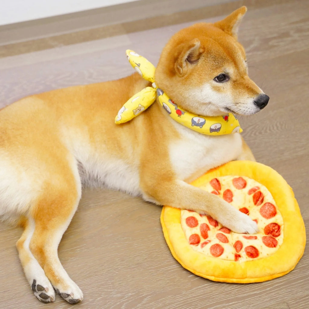 Yellow pizza design dog chewing toy with teddy bear motif measuring 20cm across