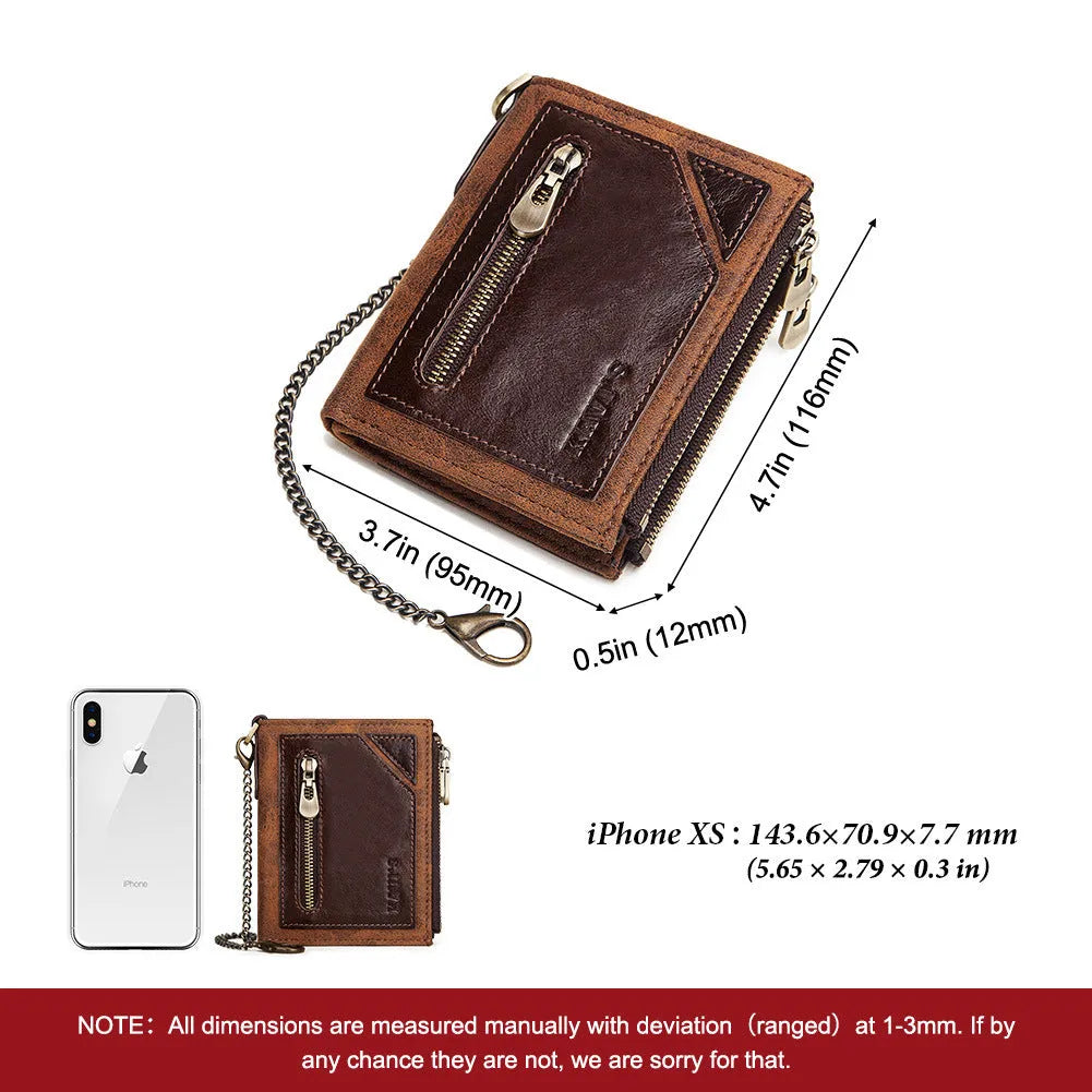 Dark brown genuine leather men's wallet with RFID protection and chain attachment