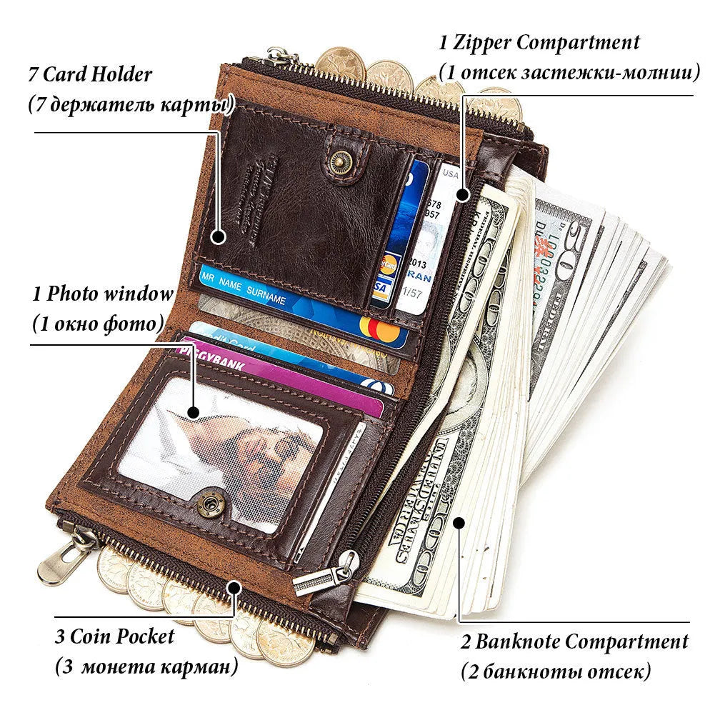 Dark brown genuine leather men's wallet with RFID protection and chain attachment
