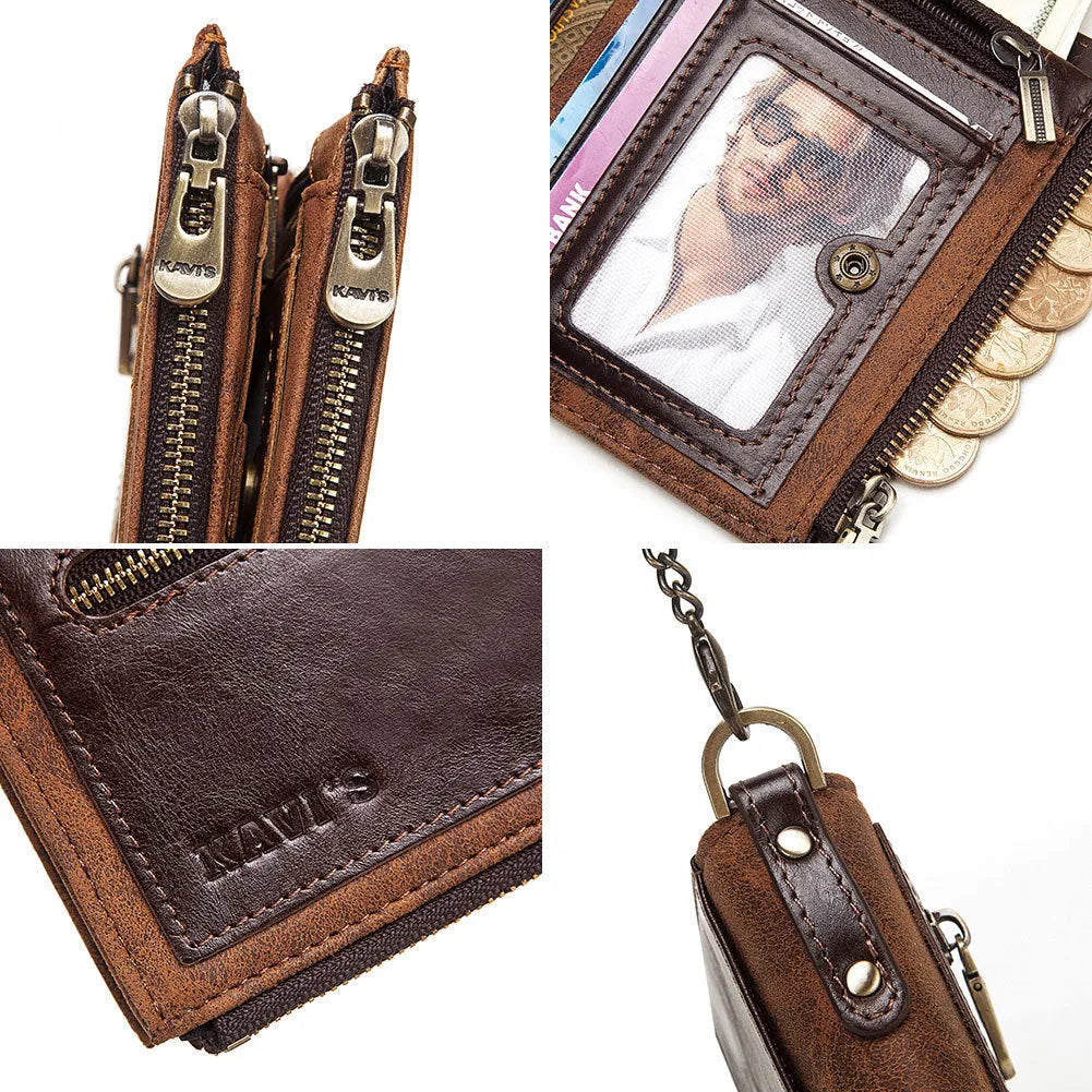 Dark brown genuine leather men's wallet with RFID protection and chain attachment