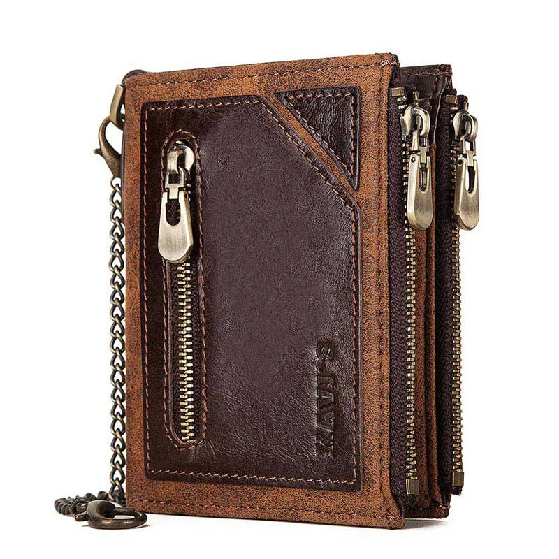 Dark brown genuine leather men's wallet with RFID protection and chain attachment