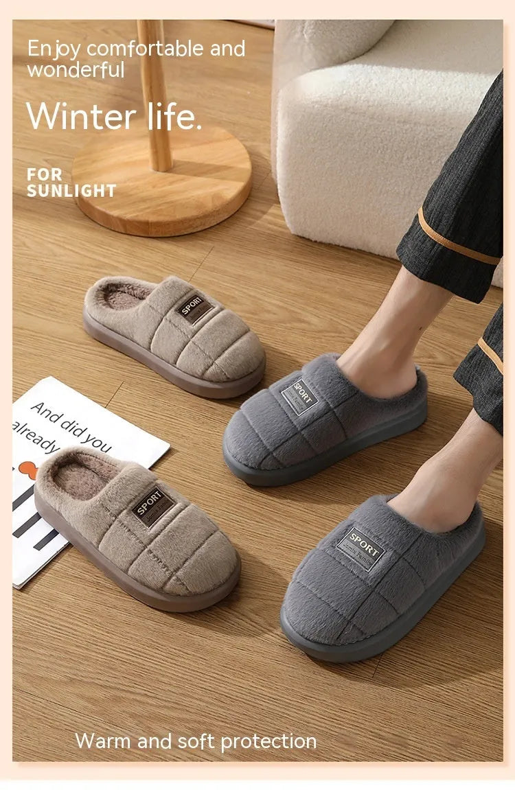 Men's grey and brown plaid winter slippers with rabbit hair upper and thick sole.