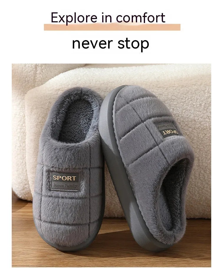 Men's grey and brown plaid winter slippers with rabbit hair upper and thick sole.