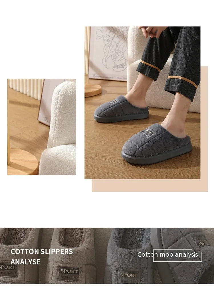 Men's grey and brown plaid winter slippers with rabbit hair upper and thick sole.