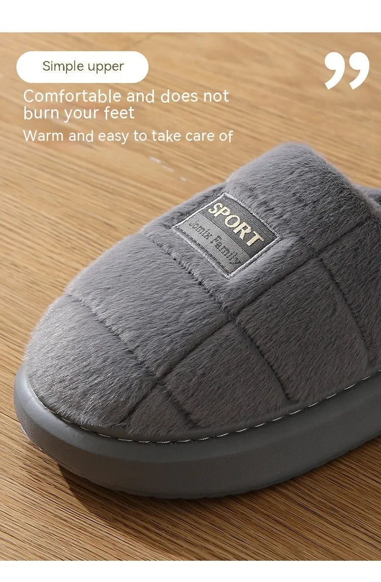 Men's grey and brown plaid winter slippers with rabbit hair upper and thick sole.