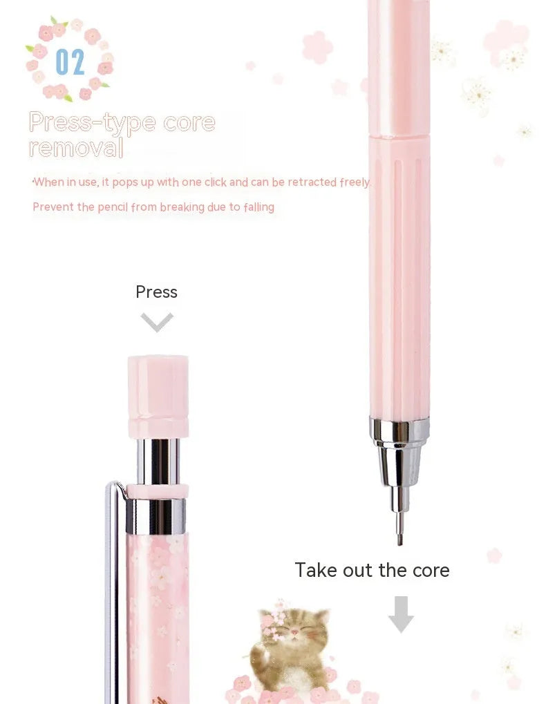 Cartoon style automatic pencil set with three pens and HB lead refills in mixed colours.