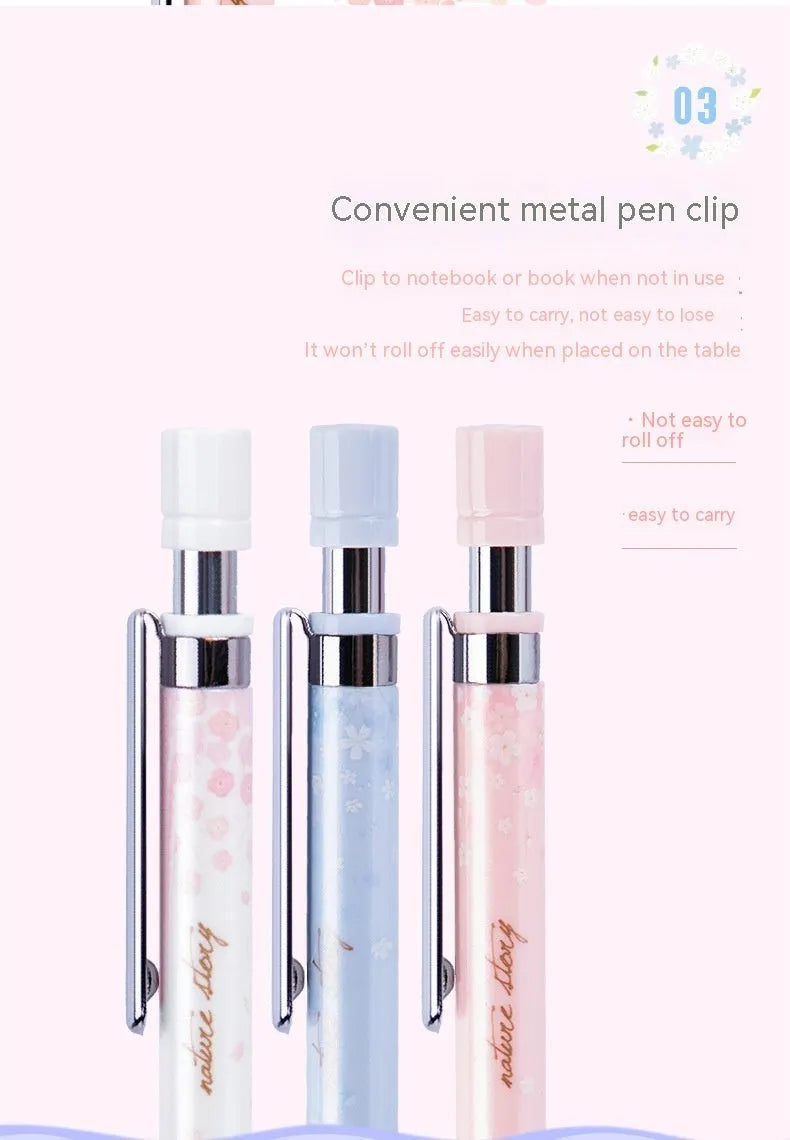 Cartoon style automatic pencil set with three pens and HB lead refills in mixed colours.
