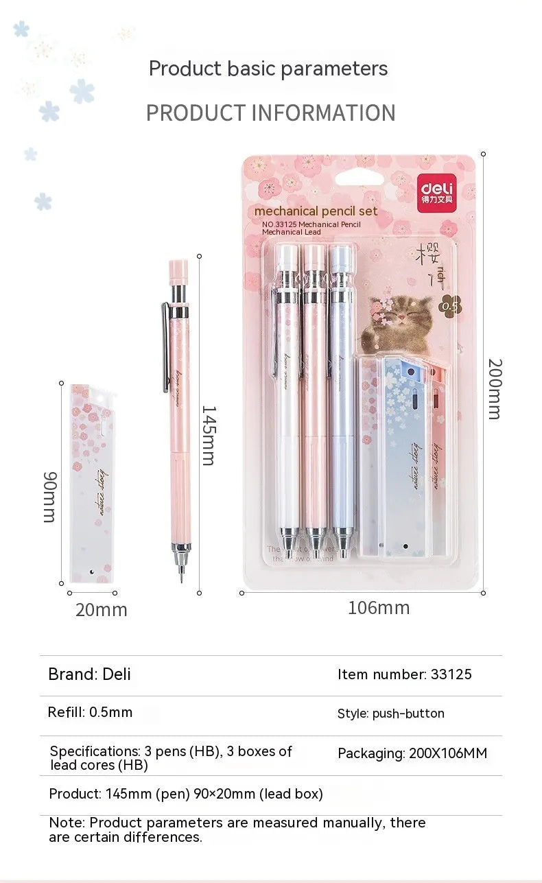 Cartoon style automatic pencil set with three pens and HB lead refills in mixed colours.