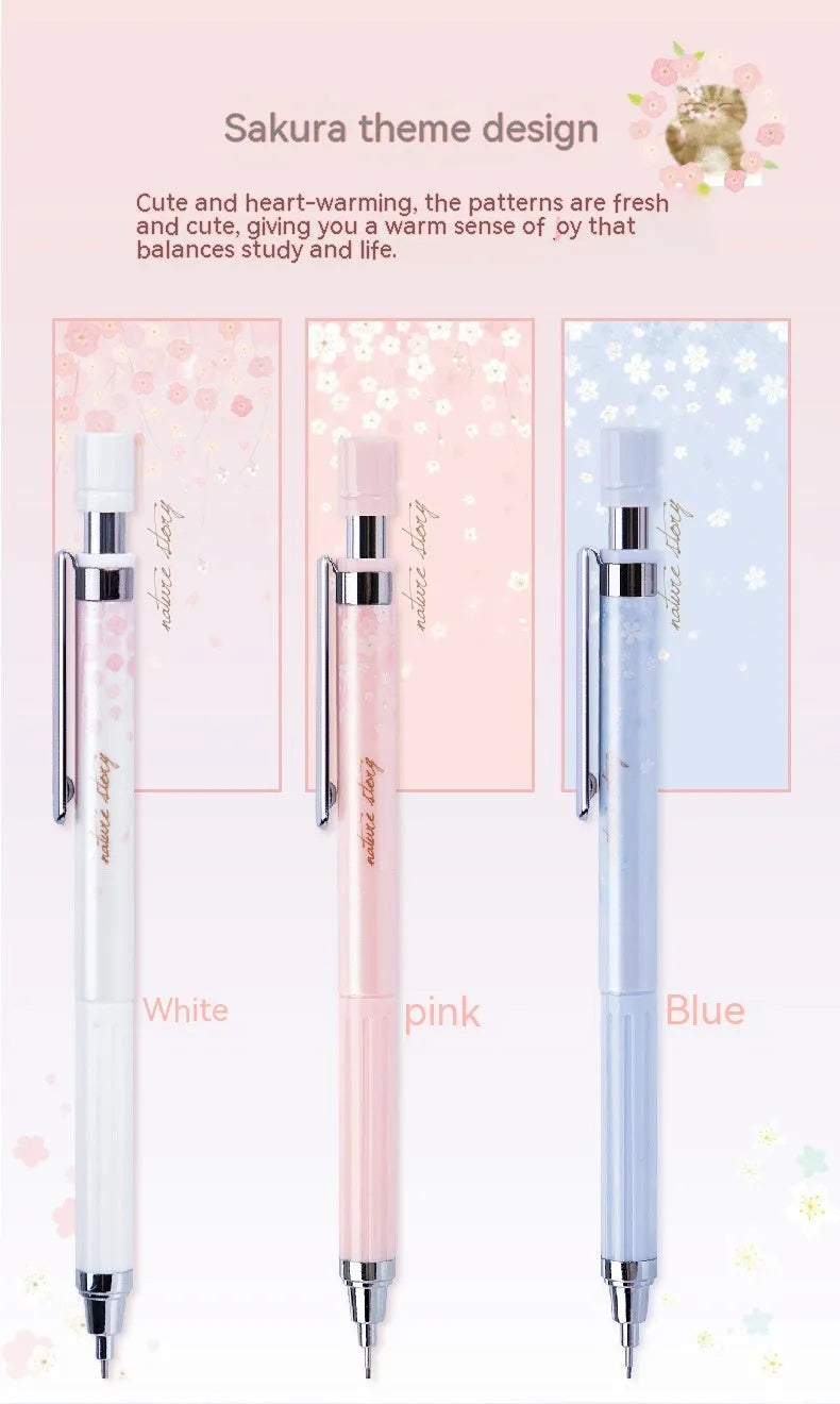 Cartoon style automatic pencil set with three pens and HB lead refills in mixed colours.