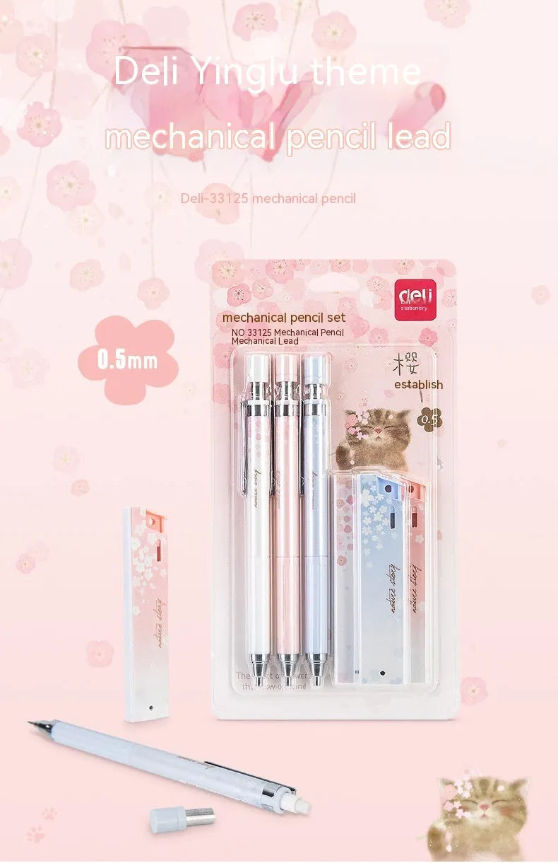 Cartoon style automatic pencil set with three pens and HB lead refills in mixed colours.