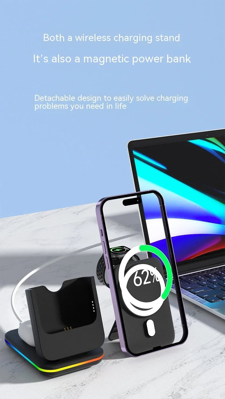 Magnetic three-in-one wireless charger and 5000mAh power bank with Type-C, in black or white, ABS body.