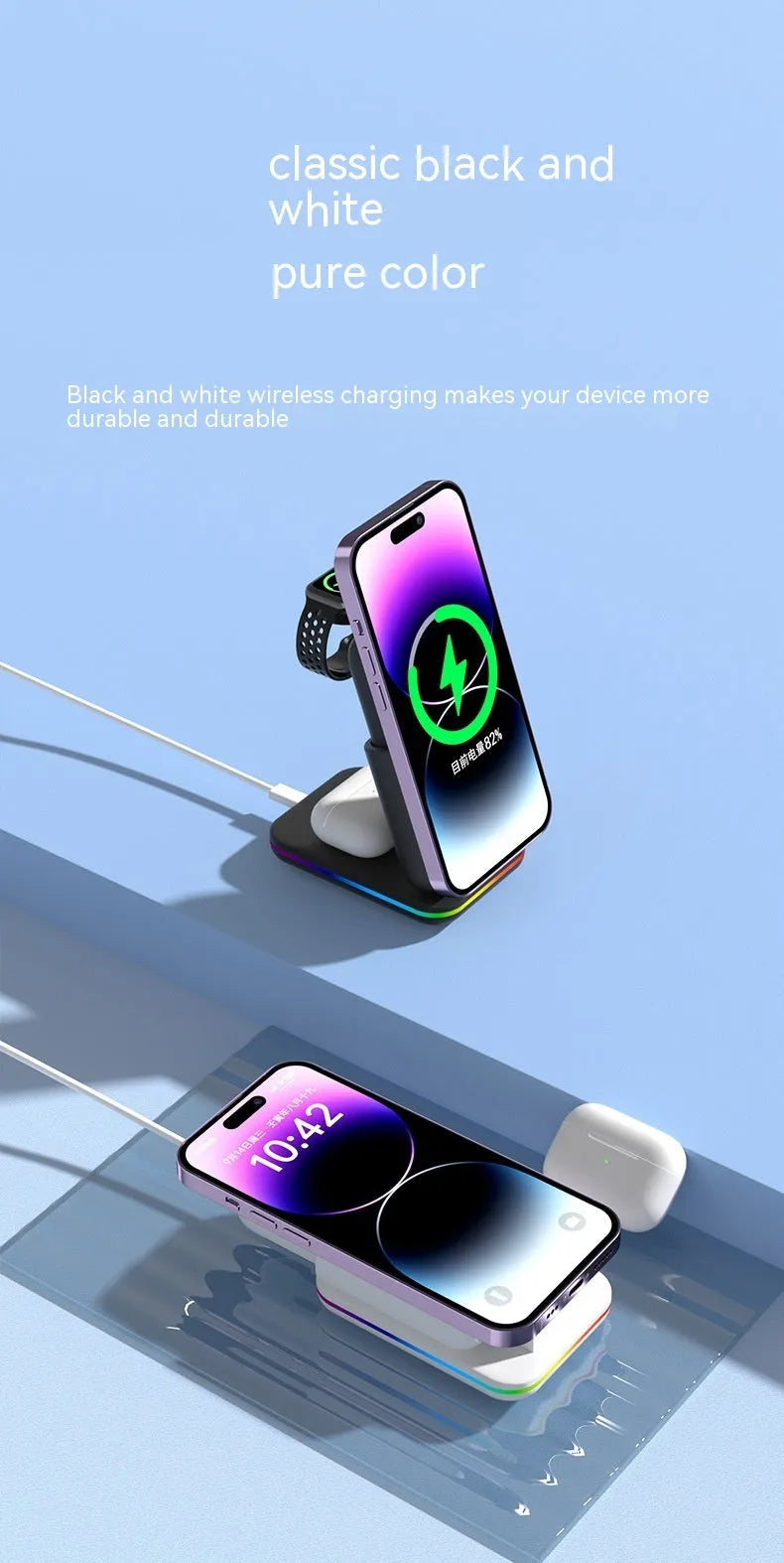 Magnetic three-in-one wireless charger and 5000mAh power bank with Type-C, in black or white, ABS body.