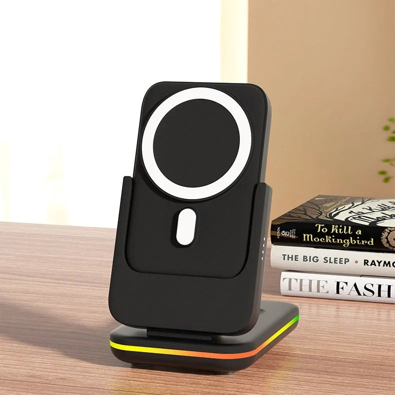 Magnetic three-in-one wireless charger and 5000mAh power bank with Type-C, in black or white, ABS body.