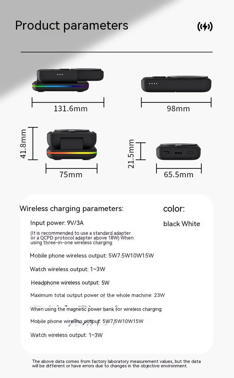 Magnetic three-in-one wireless charger and 5000mAh power bank with Type-C, in black or white, ABS body.