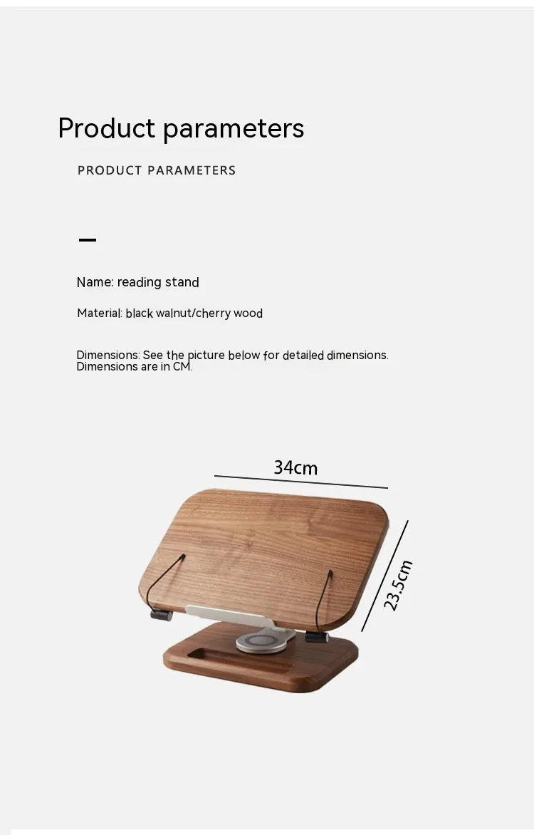 Solid walnut wood adjustable reading rack with rotating mechanism holding book and tablet