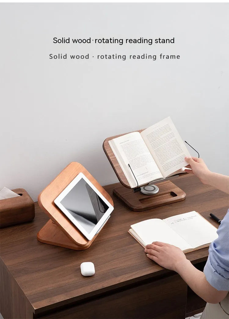 Solid walnut wood adjustable reading rack with rotating mechanism holding book and tablet