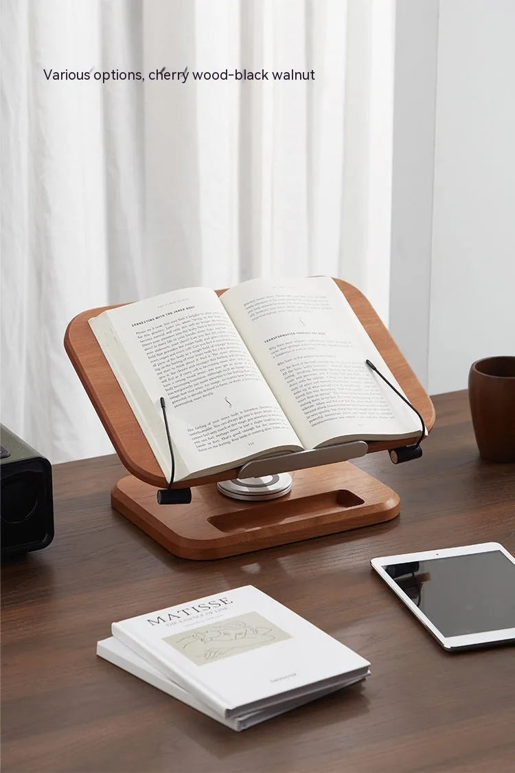 Solid walnut wood adjustable reading rack with rotating mechanism holding book and tablet