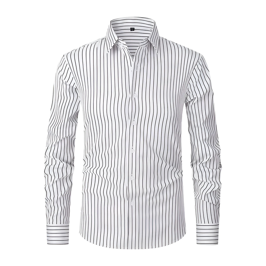 Men's slim fit ice silk striped long sleeve business shirt on hanger